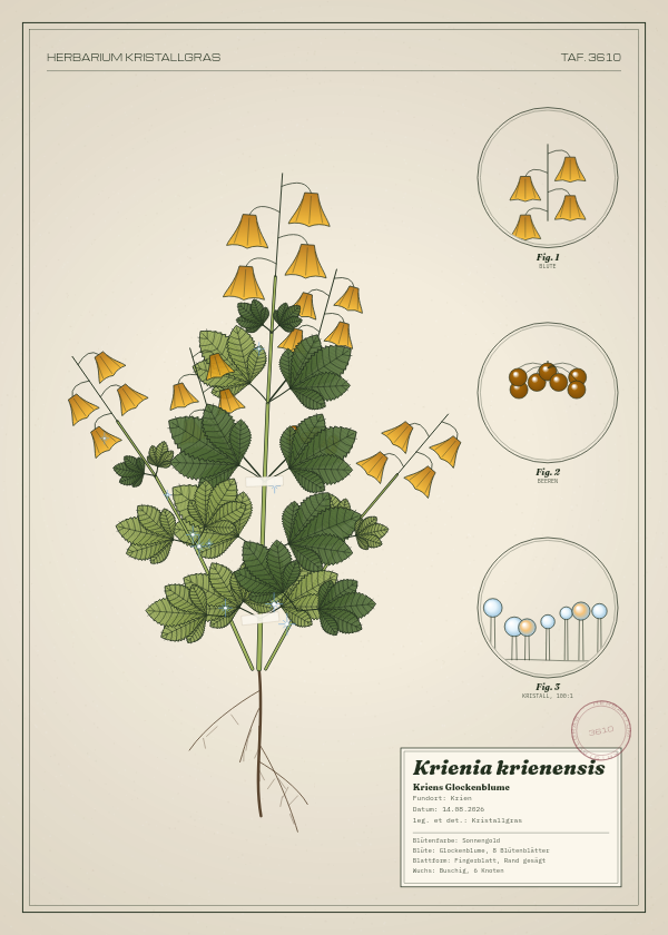 Botanische Tafel: Krienia krienensis, eine erfundene Pflanze aus Krien, gezeichnet wie in einem alten Pflanzenatlas