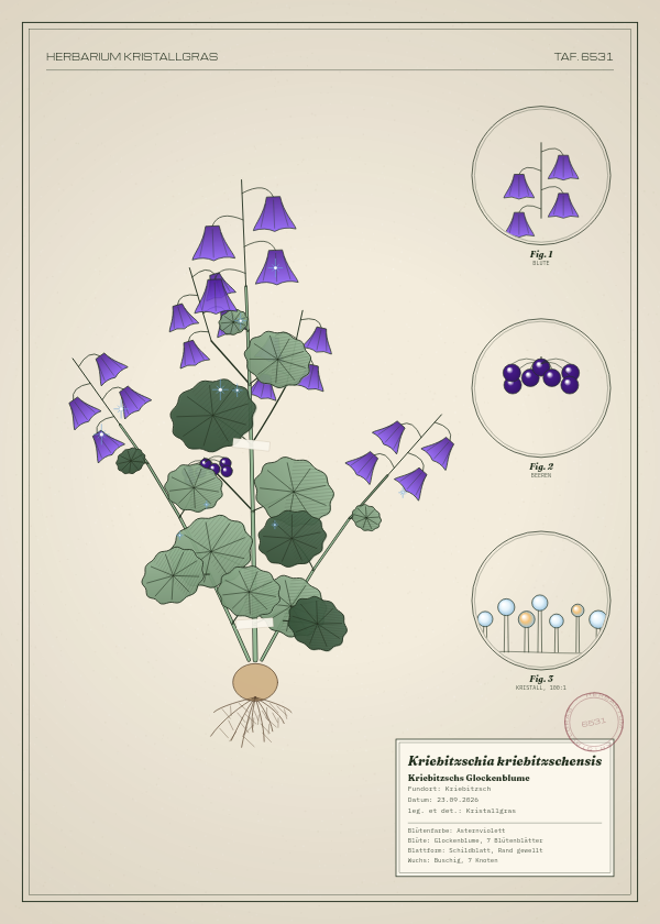 Botanische Tafel: Kriebitzschia kriebitzschensis, eine erfundene Pflanze aus Kriebitzsch, gezeichnet wie in einem alten Pflanzenatlas