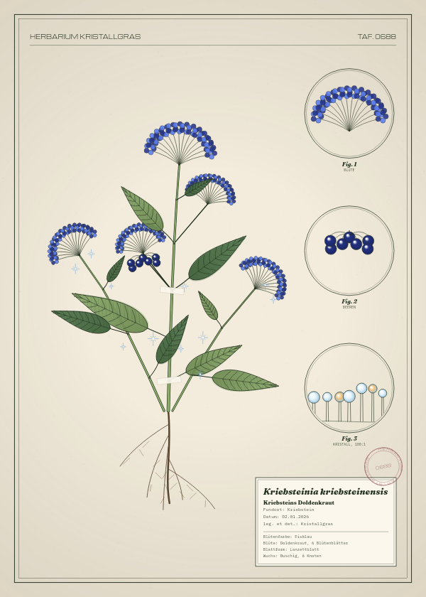 Botanische Tafel: Kriebsteinia kriebsteinensis, eine erfundene Pflanze aus Kriebstein, gezeichnet wie in einem alten Pflanzenatlas