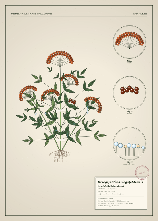 Botanische Tafel: Kriegsfeldia kriegsfeldensis, eine erfundene Pflanze aus Kriegsfeld, gezeichnet wie in einem alten Pflanzenatlas