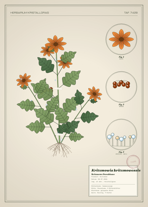 Botanische Tafel: Kritzmowia kritzmowensis, eine erfundene Pflanze aus Kritzmow, gezeichnet wie in einem alten Pflanzenatlas