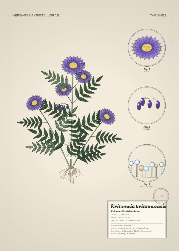 Botanische Tafel: Kritzowia kritzowensis, eine erfundene Pflanze aus Kritzow, gezeichnet wie in einem alten Pflanzenatlas