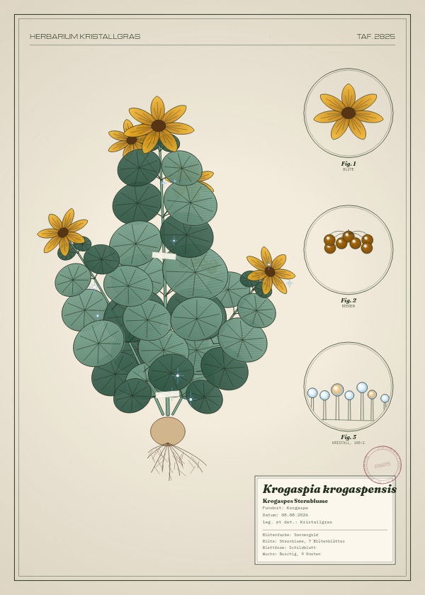 Botanische Tafel: Krogaspia krogaspensis, eine erfundene Pflanze aus Krogaspe, gezeichnet wie in einem alten Pflanzenatlas