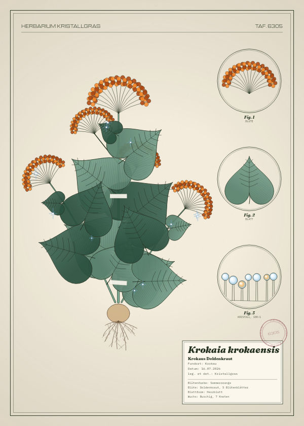 Botanische Tafel: Krokaia krokaensis, eine erfundene Pflanze aus Krokau, gezeichnet wie in einem alten Pflanzenatlas