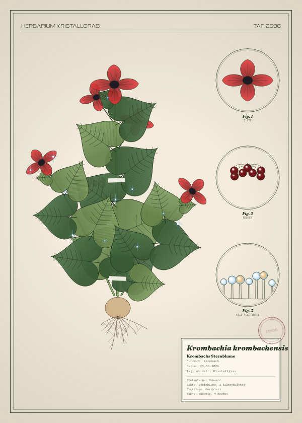 Botanische Tafel: Krombachia krombachensis, eine erfundene Pflanze aus Krombach, gezeichnet wie in einem alten Pflanzenatlas