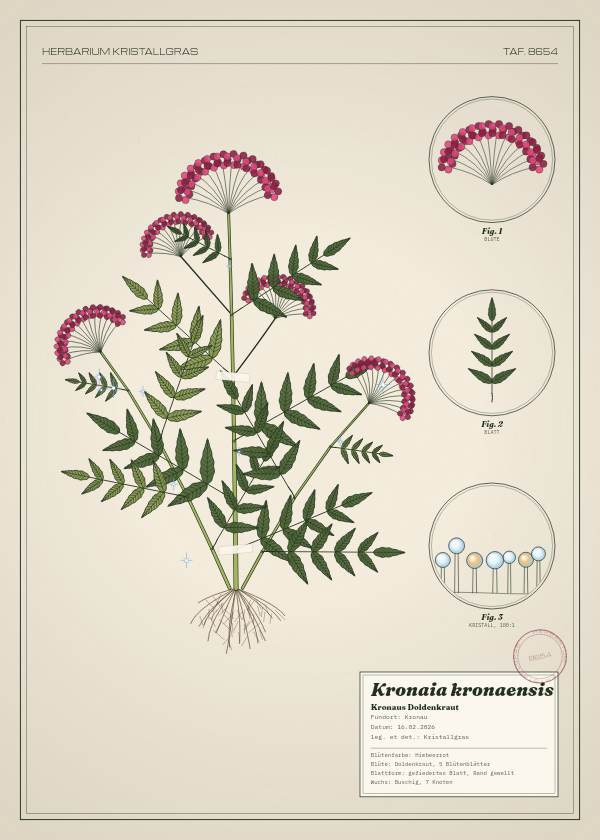 Botanische Tafel: Kronaia kronaensis, eine erfundene Pflanze aus Kronau, gezeichnet wie in einem alten Pflanzenatlas