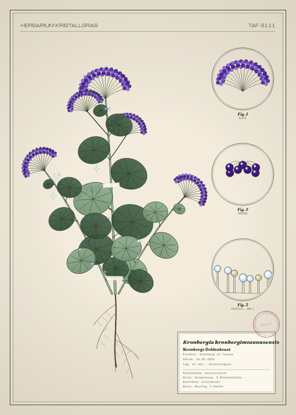 Botanische Tafel: Kronbergia kronbergimtaunusensis, eine erfundene Pflanze aus Kronberg im Taunus, gezeichnet wie in einem alten Pflanzenatlas