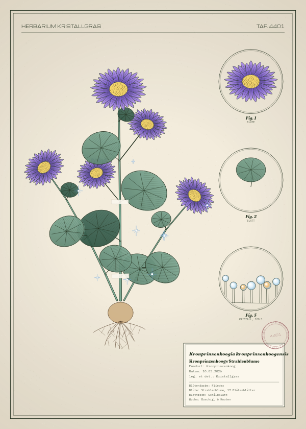 Botanische Tafel: Kronprinzenkoogia kronprinzenkoogensis, eine erfundene Pflanze aus Kronprinzenkoog, gezeichnet wie in einem alten Pflanzenatlas