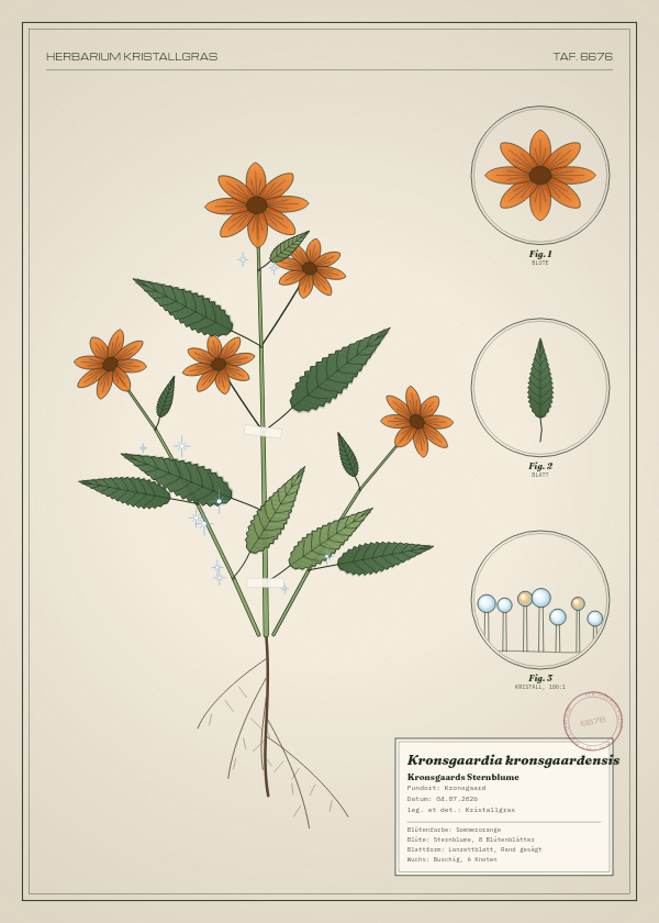 Botanische Tafel: Kronsgaardia kronsgaardensis, eine erfundene Pflanze aus Kronsgaard, gezeichnet wie in einem alten Pflanzenatlas