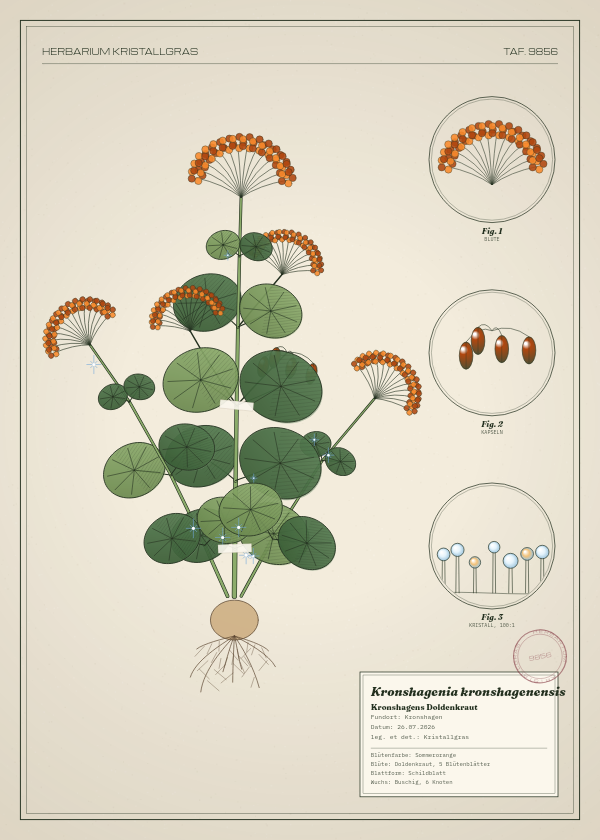 Botanische Tafel: Kronshagenia kronshagenensis, eine erfundene Pflanze aus Kronshagen, gezeichnet wie in einem alten Pflanzenatlas