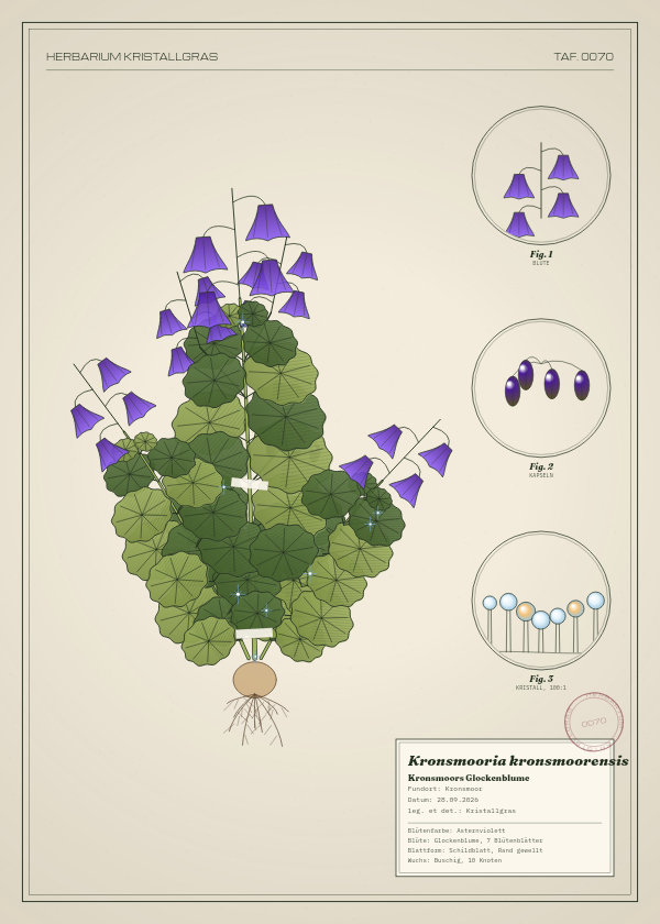 Botanische Tafel: Kronsmooria kronsmoorensis, eine erfundene Pflanze aus Kronsmoor, gezeichnet wie in einem alten Pflanzenatlas
