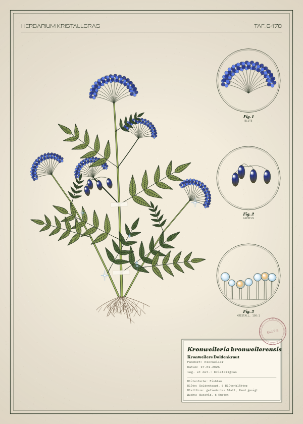 Botanische Tafel: Kronweileria kronweilerensis, eine erfundene Pflanze aus Kronweiler, gezeichnet wie in einem alten Pflanzenatlas