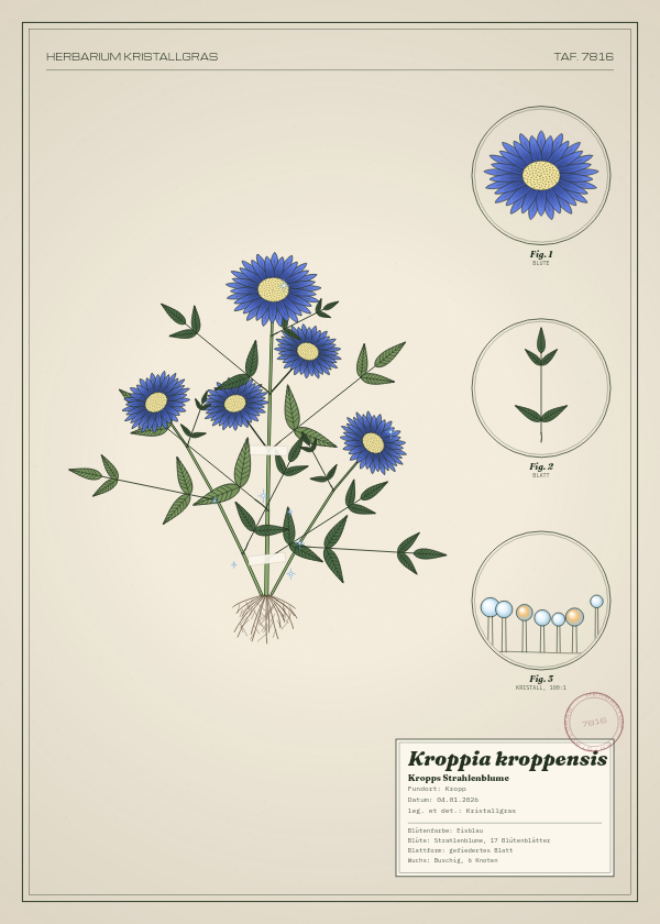 Botanische Tafel: Kroppia kroppensis, eine erfundene Pflanze aus Kropp, gezeichnet wie in einem alten Pflanzenatlas