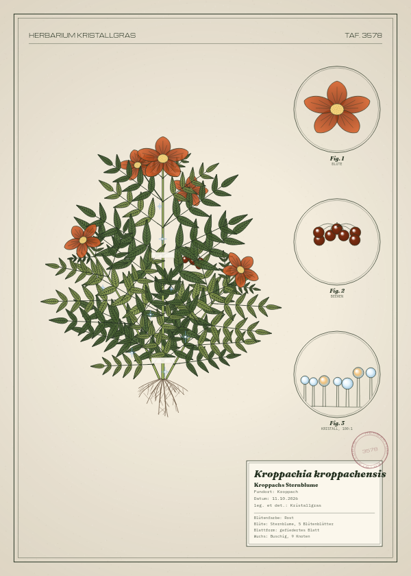 Botanische Tafel: Kroppachia kroppachensis, eine erfundene Pflanze aus Kroppach, gezeichnet wie in einem alten Pflanzenatlas