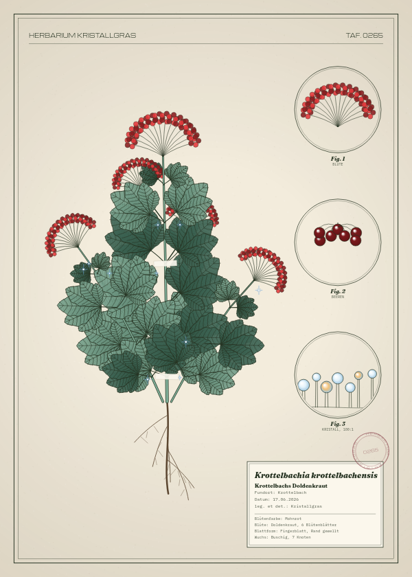 Botanische Tafel: Krottelbachia krottelbachensis, eine erfundene Pflanze aus Krottelbach, gezeichnet wie in einem alten Pflanzenatlas