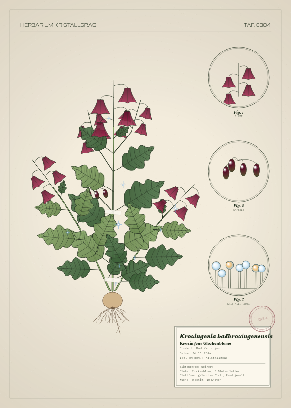Botanische Tafel: Krozingenia badkrozingenensis, eine erfundene Pflanze aus Bad Krozingen, gezeichnet wie in einem alten Pflanzenatlas
