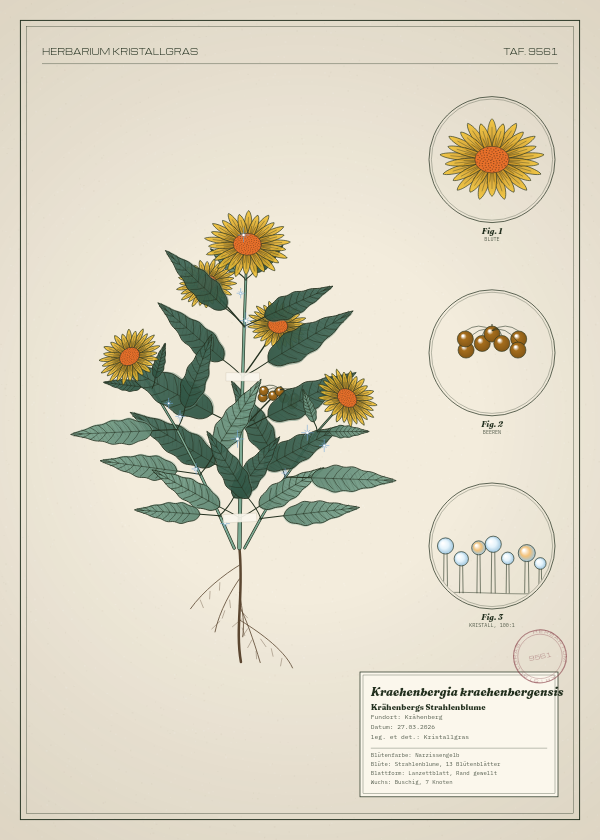 Botanische Tafel: Kraehenbergia kraehenbergensis, eine erfundene Pflanze aus Krähenberg, gezeichnet wie in einem alten Pflanzenatlas
