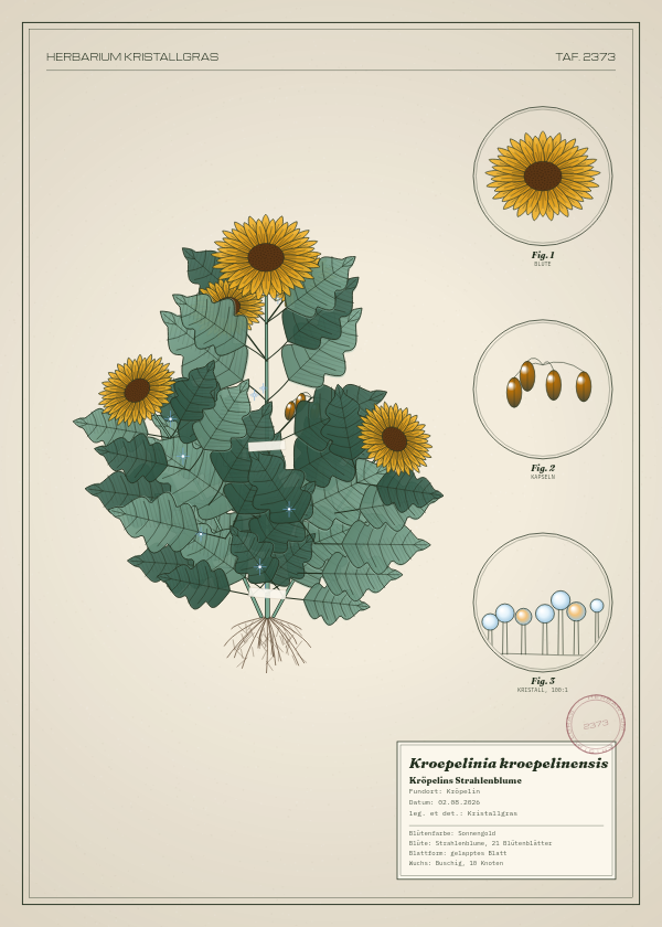 Botanische Tafel: Kroepelinia kroepelinensis, eine erfundene Pflanze aus Kröpelin, gezeichnet wie in einem alten Pflanzenatlas
