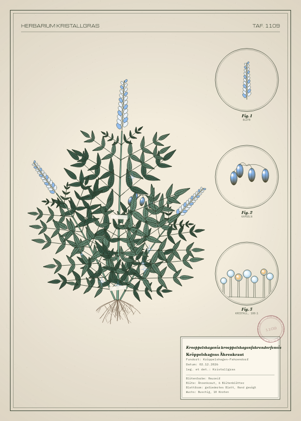Botanische Tafel: Kroeppelshagenia kroeppelshagenfahrendorfensis, eine erfundene Pflanze aus Kröppelshagen-Fahrendorf, gezeichnet wie in einem alten Pflanzenatlas