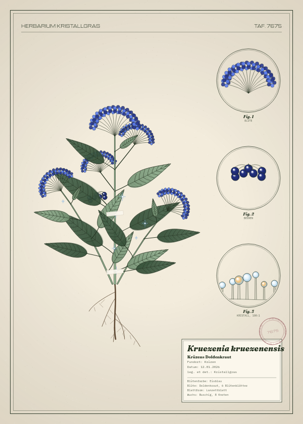 Botanische Tafel: Kruezenia kruezenensis, eine erfundene Pflanze aus Krüzen, gezeichnet wie in einem alten Pflanzenatlas