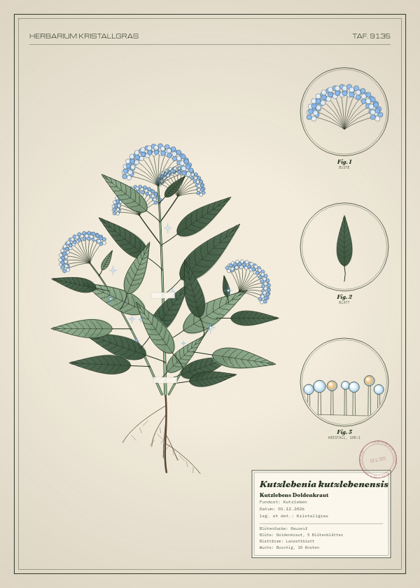 Botanische Tafel: Kutzlebenia kutzlebenensis, eine erfundene Pflanze aus Kutzleben, gezeichnet wie in einem alten Pflanzenatlas