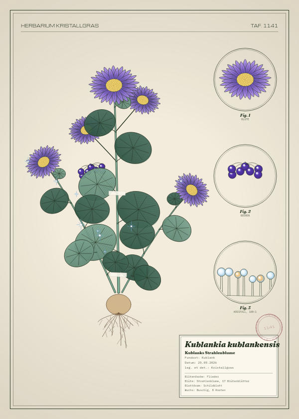 Botanische Tafel: Kublankia kublankensis, eine erfundene Pflanze aus Kublank, gezeichnet wie in einem alten Pflanzenatlas