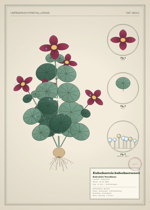 Botanische Tafel: Kubschuetzia kubschuetzensis, eine erfundene Pflanze aus Kubschütz, gezeichnet wie in einem alten Pflanzenatlas