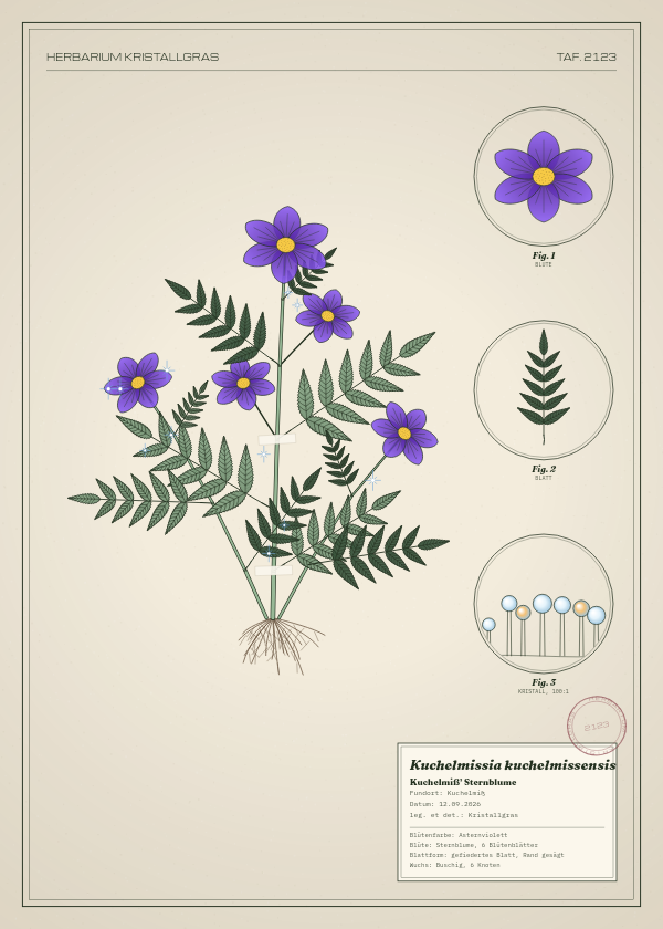 Botanische Tafel: Kuchelmissia kuchelmissensis, eine erfundene Pflanze aus Kuchelmiß, gezeichnet wie in einem alten Pflanzenatlas