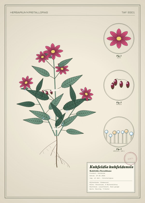 Botanische Tafel: Kuhfeldia kuhfeldensis, eine erfundene Pflanze aus Kuhfelde, gezeichnet wie in einem alten Pflanzenatlas