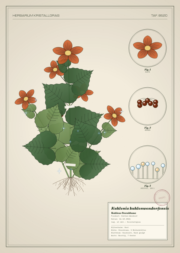 Botanische Tafel: Kuhlenia kuhlenwendorfensis, eine erfundene Pflanze aus Kuhlen-Wendorf, gezeichnet wie in einem alten Pflanzenatlas