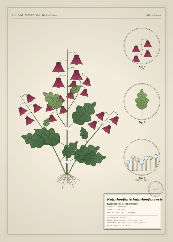 Botanische Tafel: Kuhnhoefenia kuhnhoefenensis, eine erfundene Pflanze aus Kuhnhöfen, gezeichnet wie in einem alten Pflanzenatlas