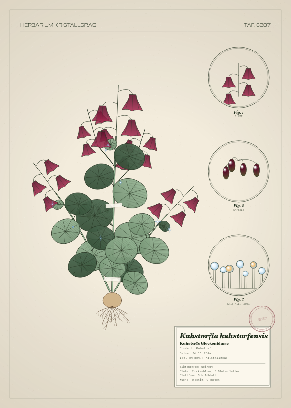 Botanische Tafel: Kuhstorfia kuhstorfensis, eine erfundene Pflanze aus Kuhstorf, gezeichnet wie in einem alten Pflanzenatlas