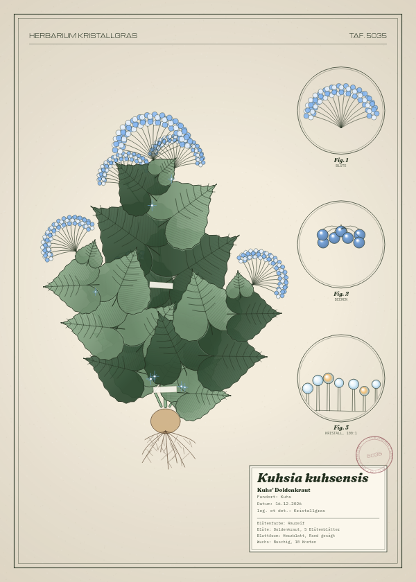 Botanische Tafel: Kuhsia kuhsensis, eine erfundene Pflanze aus Kuhs, gezeichnet wie in einem alten Pflanzenatlas