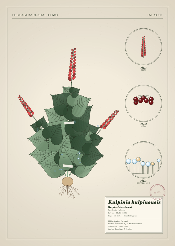 Botanische Tafel: Kulpinia kulpinensis, eine erfundene Pflanze aus Kulpin, gezeichnet wie in einem alten Pflanzenatlas