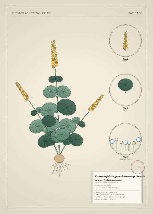 Botanische Tafel: Kummerfeldia grosskummerfeldensis, eine erfundene Pflanze aus Groß Kummerfeld, gezeichnet wie in einem alten Pflanzenatlas