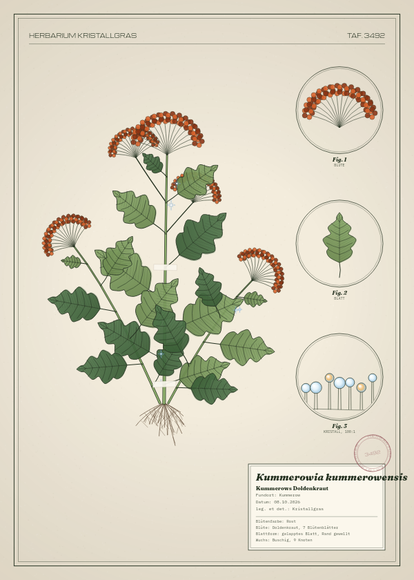 Botanische Tafel: Kummerowia kummerowensis, eine erfundene Pflanze aus Kummerow, gezeichnet wie in einem alten Pflanzenatlas