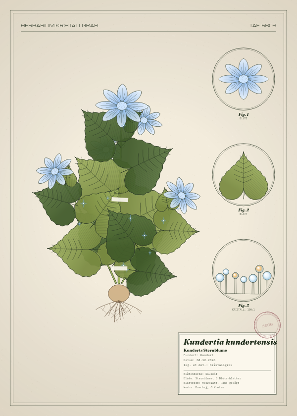 Botanische Tafel: Kundertia kundertensis, eine erfundene Pflanze aus Kundert, gezeichnet wie in einem alten Pflanzenatlas