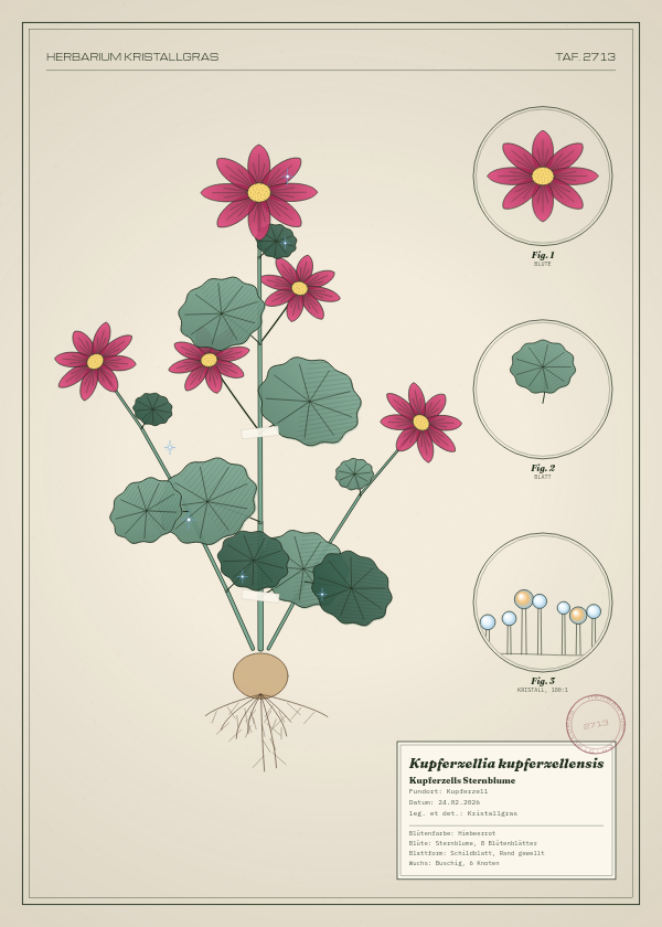 Botanische Tafel: Kupferzellia kupferzellensis, eine erfundene Pflanze aus Kupferzell, gezeichnet wie in einem alten Pflanzenatlas