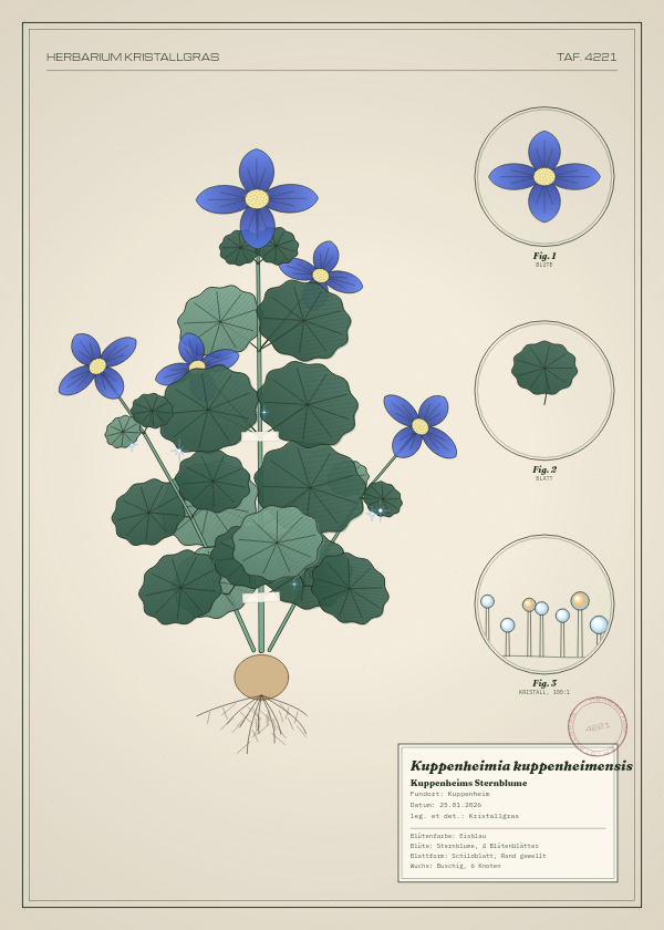 Botanische Tafel: Kuppenheimia kuppenheimensis, eine erfundene Pflanze aus Kuppenheim, gezeichnet wie in einem alten Pflanzenatlas