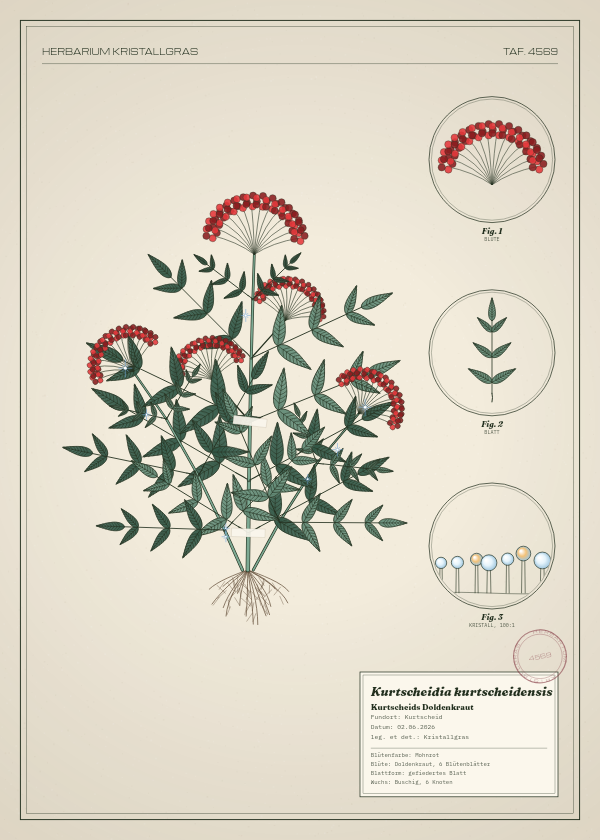 Botanische Tafel: Kurtscheidia kurtscheidensis, eine erfundene Pflanze aus Kurtscheid, gezeichnet wie in einem alten Pflanzenatlas