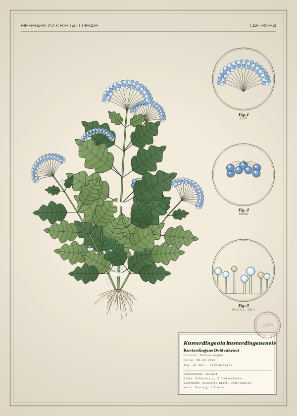 Botanische Tafel: Kusterdingenia kusterdingenensis, eine erfundene Pflanze aus Kusterdingen, gezeichnet wie in einem alten Pflanzenatlas