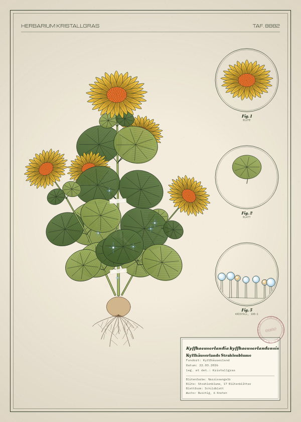 Botanische Tafel: Kyffhaeuserlandia kyffhaeuserlandensis, eine erfundene Pflanze aus Kyffhäuserland, gezeichnet wie in einem alten Pflanzenatlas
