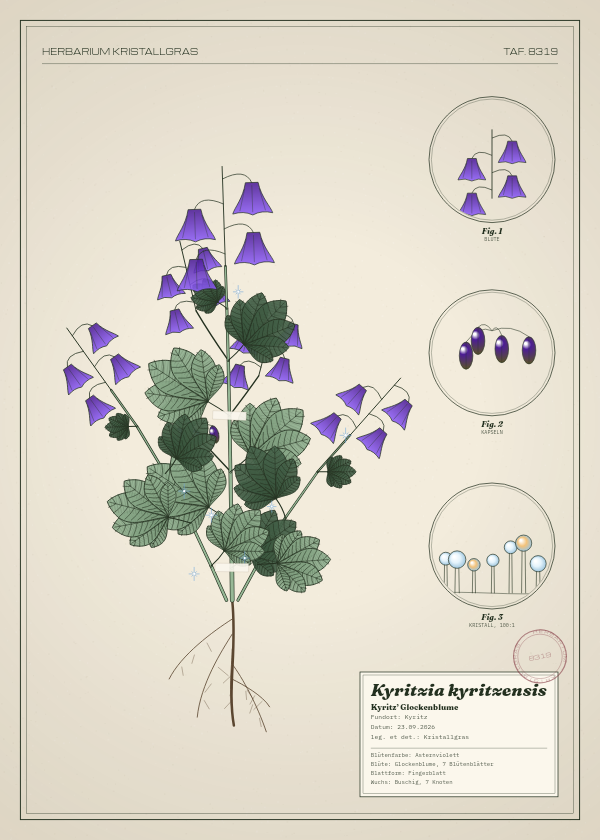 Botanische Tafel: Kyritzia kyritzensis, eine erfundene Pflanze aus Kyritz, gezeichnet wie in einem alten Pflanzenatlas