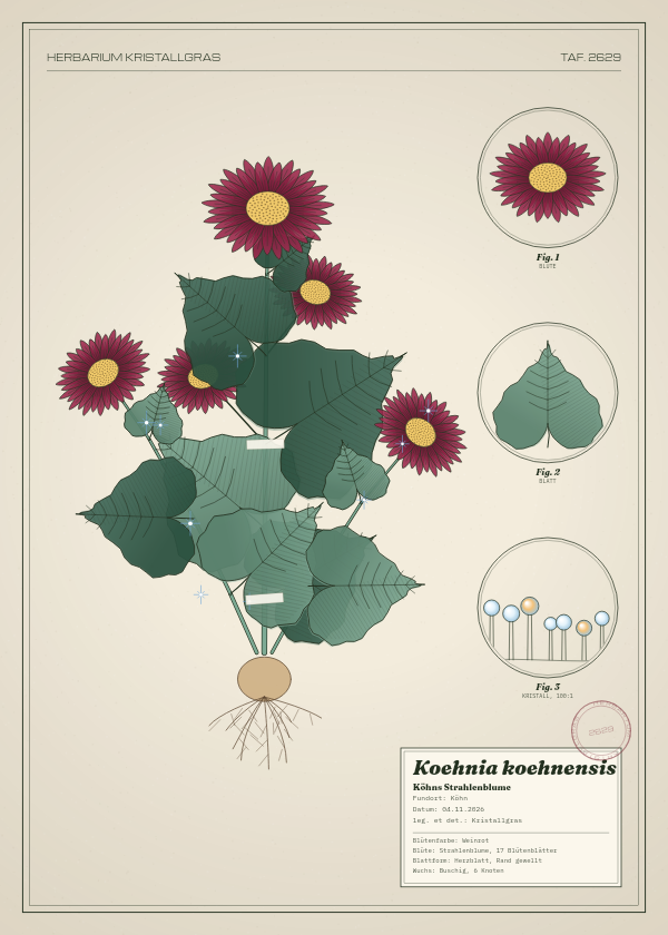 Botanische Tafel: Koehnia koehnensis, eine erfundene Pflanze aus Köhn, gezeichnet wie in einem alten Pflanzenatlas