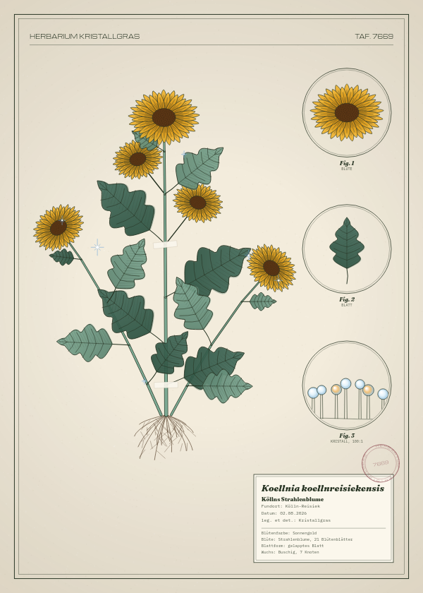 Botanische Tafel: Koellnia koellnreisiekensis, eine erfundene Pflanze aus Kölln-Reisiek, gezeichnet wie in einem alten Pflanzenatlas
