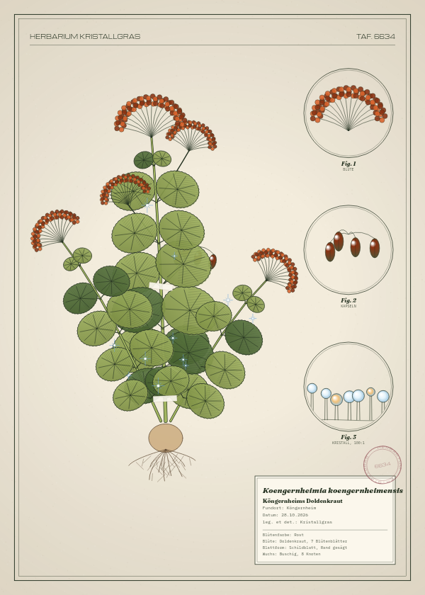 Botanische Tafel: Koengernheimia koengernheimensis, eine erfundene Pflanze aus Köngernheim, gezeichnet wie in einem alten Pflanzenatlas