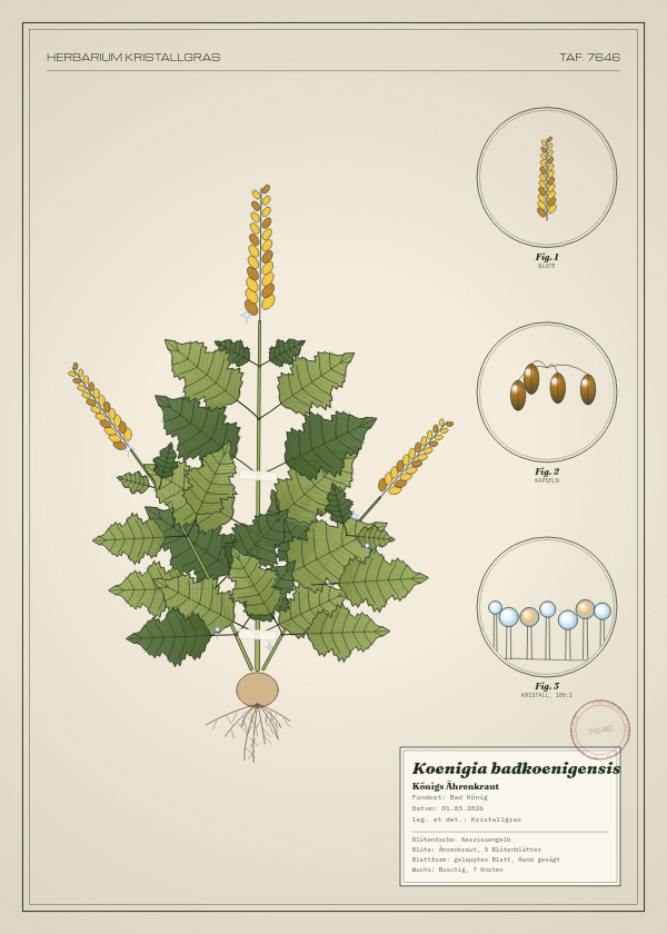 Botanische Tafel: Koenigia badkoenigensis, eine erfundene Pflanze aus Bad König, gezeichnet wie in einem alten Pflanzenatlas