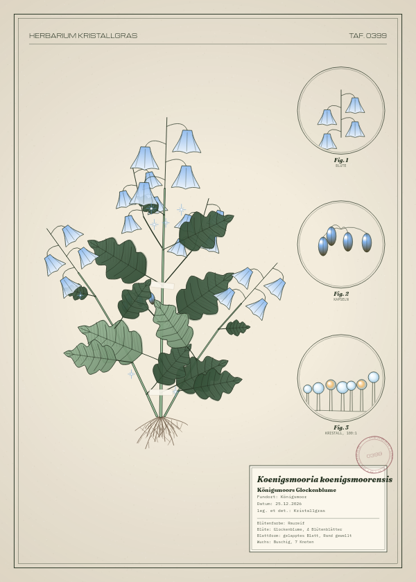 Botanische Tafel: Koenigsmooria koenigsmoorensis, eine erfundene Pflanze aus Königsmoor, gezeichnet wie in einem alten Pflanzenatlas
