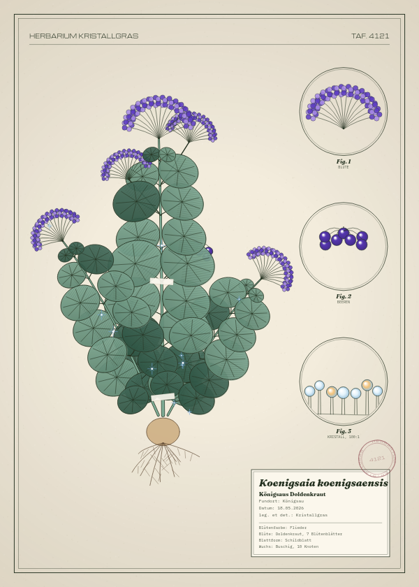 Botanische Tafel: Koenigsaia koenigsaensis, eine erfundene Pflanze aus Königsau, gezeichnet wie in einem alten Pflanzenatlas