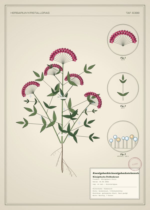 Botanische Tafel: Koenigsbachia koenigsbachsteinensis, eine erfundene Pflanze aus Königsbach-Stein, gezeichnet wie in einem alten Pflanzenatlas